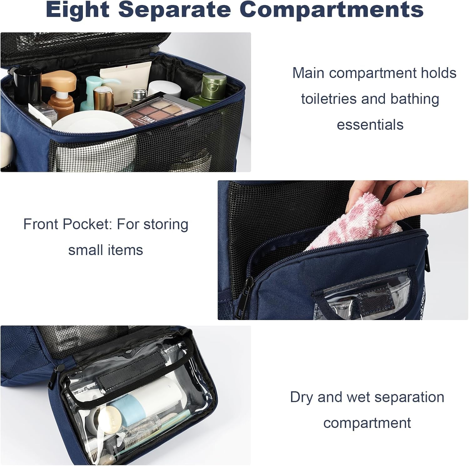 Hanging Travel Toiletry Bag for Men and Women,Toiletries Shower Organizer Kit with 7 Compartments for Large Cosmetics, Makeup, Two-Way Zipper,Thick Metal Swivel Hook,Water-Resistant,Nylon,Blue