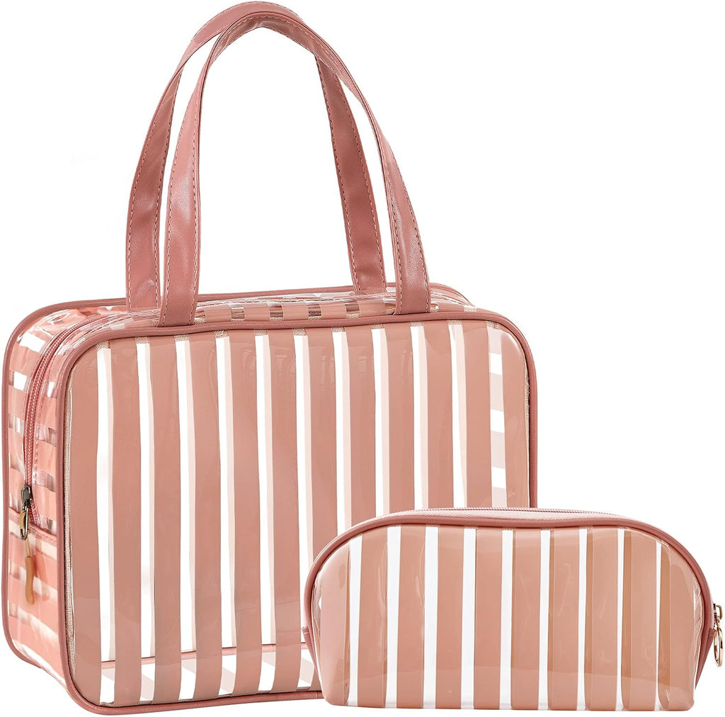 ZXZMZT Clear Toiletry Bag Handle Travel Makeup Organizer Bag，Thick PVC Zippered Carry Pouch Waterproof Wash Bag Shoulder Bag Beach Bag (Pink)