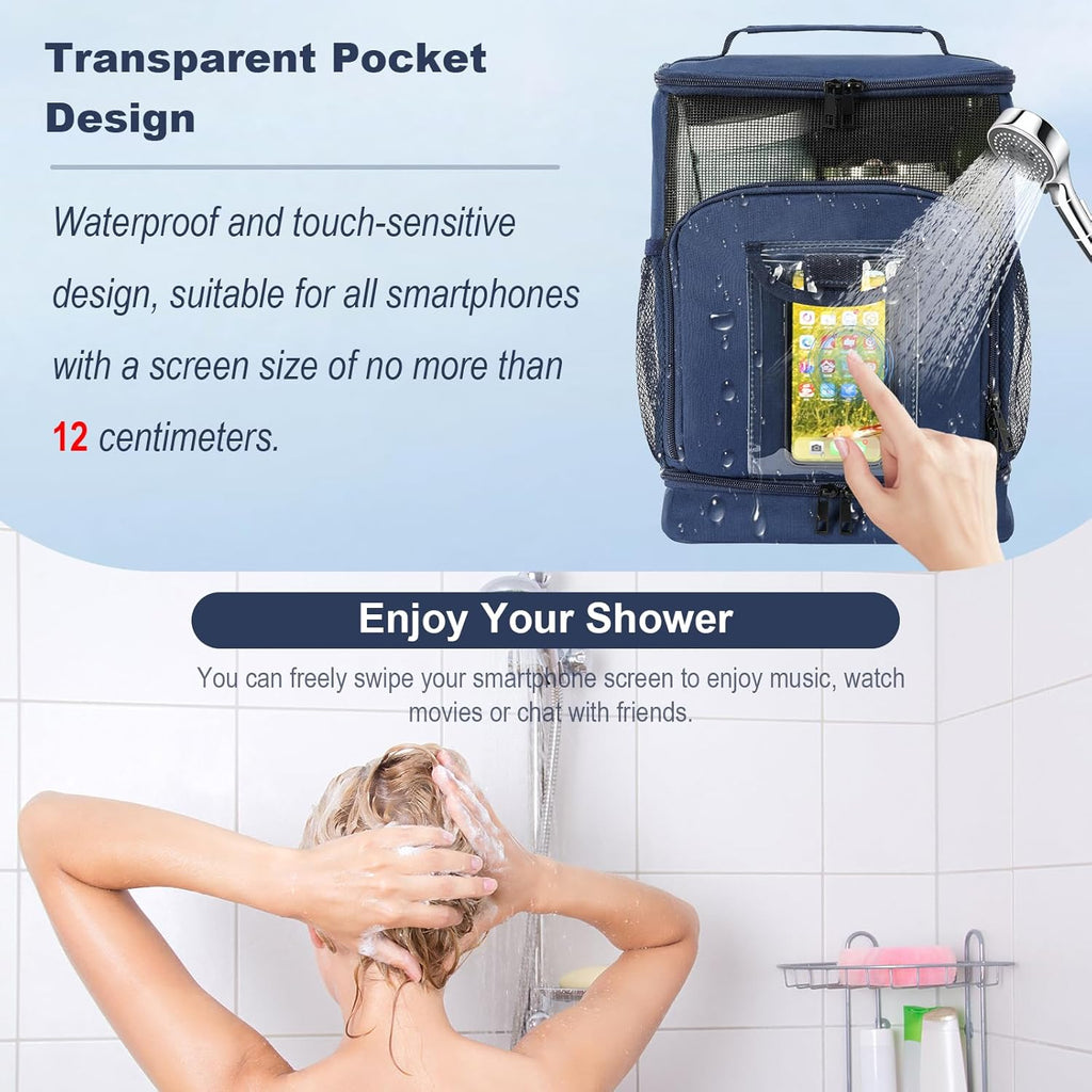 Hanging Travel Toiletry Bag for Men and Women,Toiletries Shower Organizer Kit with 7 Compartments for Large Cosmetics, Makeup, Two-Way Zipper,Thick Metal Swivel Hook,Water-Resistant,Nylon,Blue