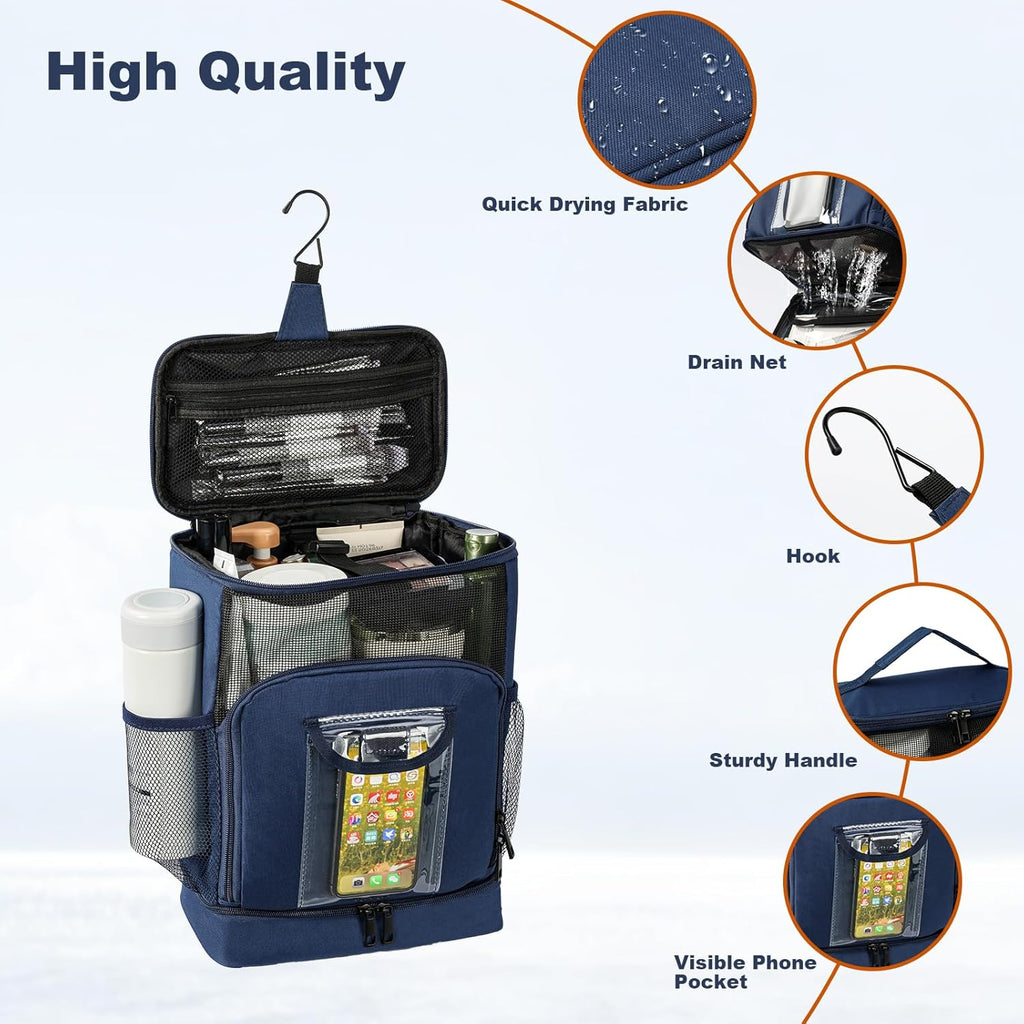 Hanging Travel Toiletry Bag for Men and Women,Toiletries Shower Organizer Kit with 7 Compartments for Large Cosmetics, Makeup, Two-Way Zipper,Thick Metal Swivel Hook,Water-Resistant,Nylon,Blue