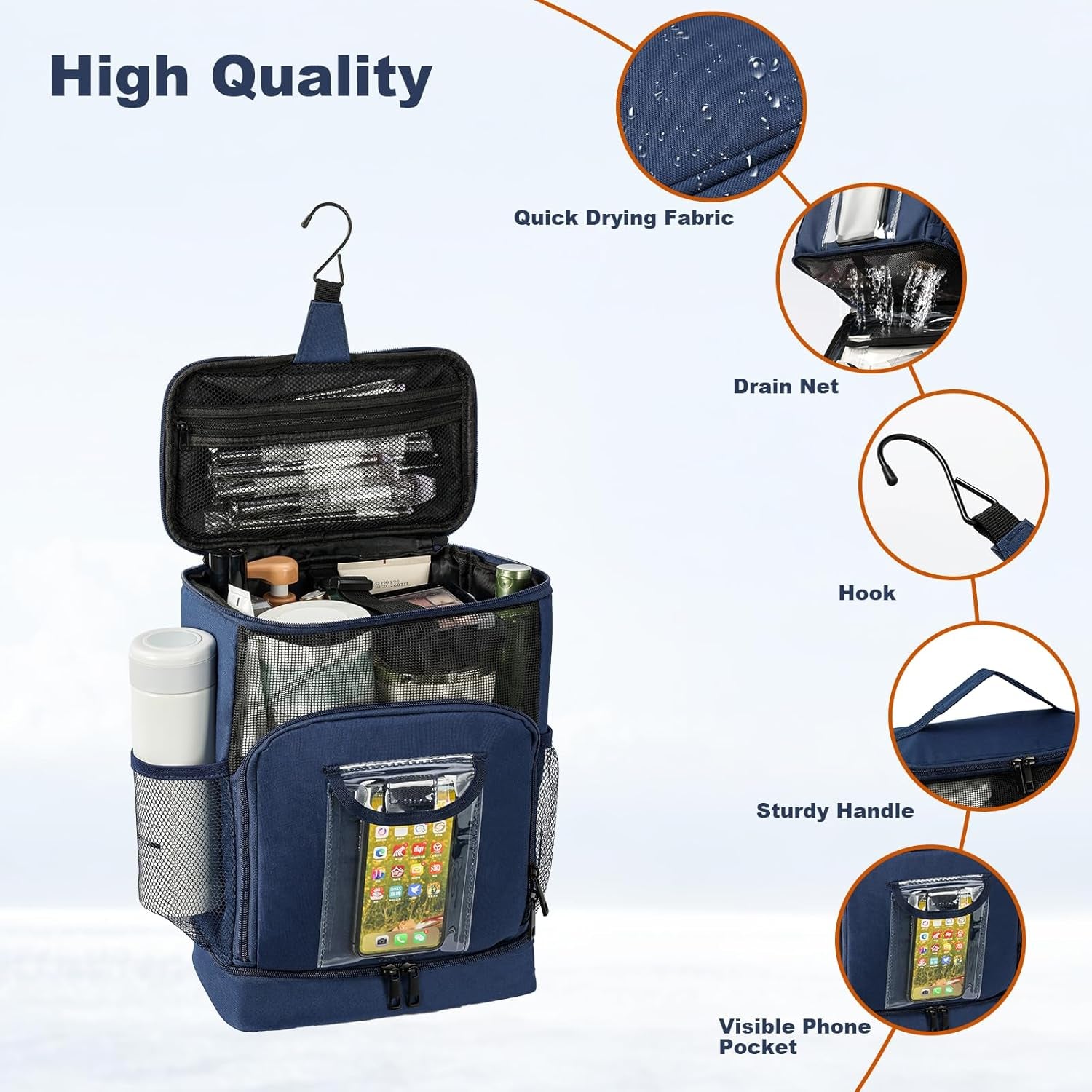 Hanging Travel Toiletry Bag for Men and Women,Toiletries Shower Organizer Kit with 7 Compartments for Large Cosmetics, Makeup, Two-Way Zipper,Thick Metal Swivel Hook,Water-Resistant,Nylon,Blue