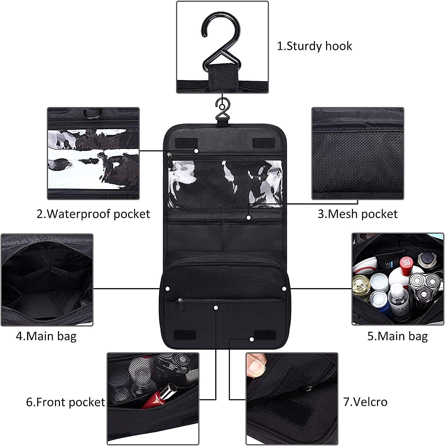 Large Capacity Travel Hanging Toiletry Bag Cosmetic Bag Makeup Organizers for Men & Women with Sturdy Hook (Black)