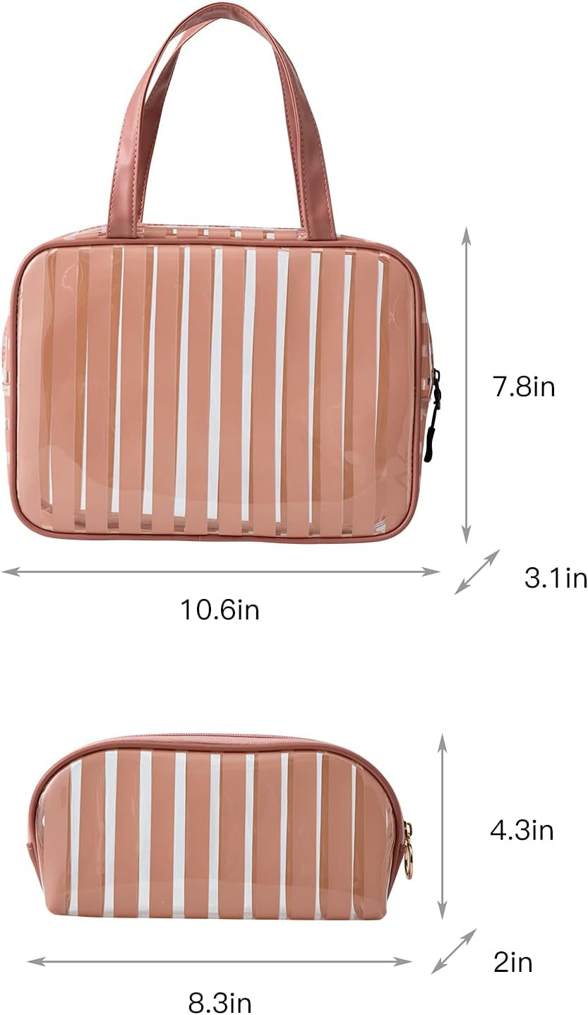 ZXZMZT Clear Toiletry Bag Handle Travel Makeup Organizer Bag，Thick PVC Zippered Carry Pouch Waterproof Wash Bag Shoulder Bag Beach Bag (Pink)