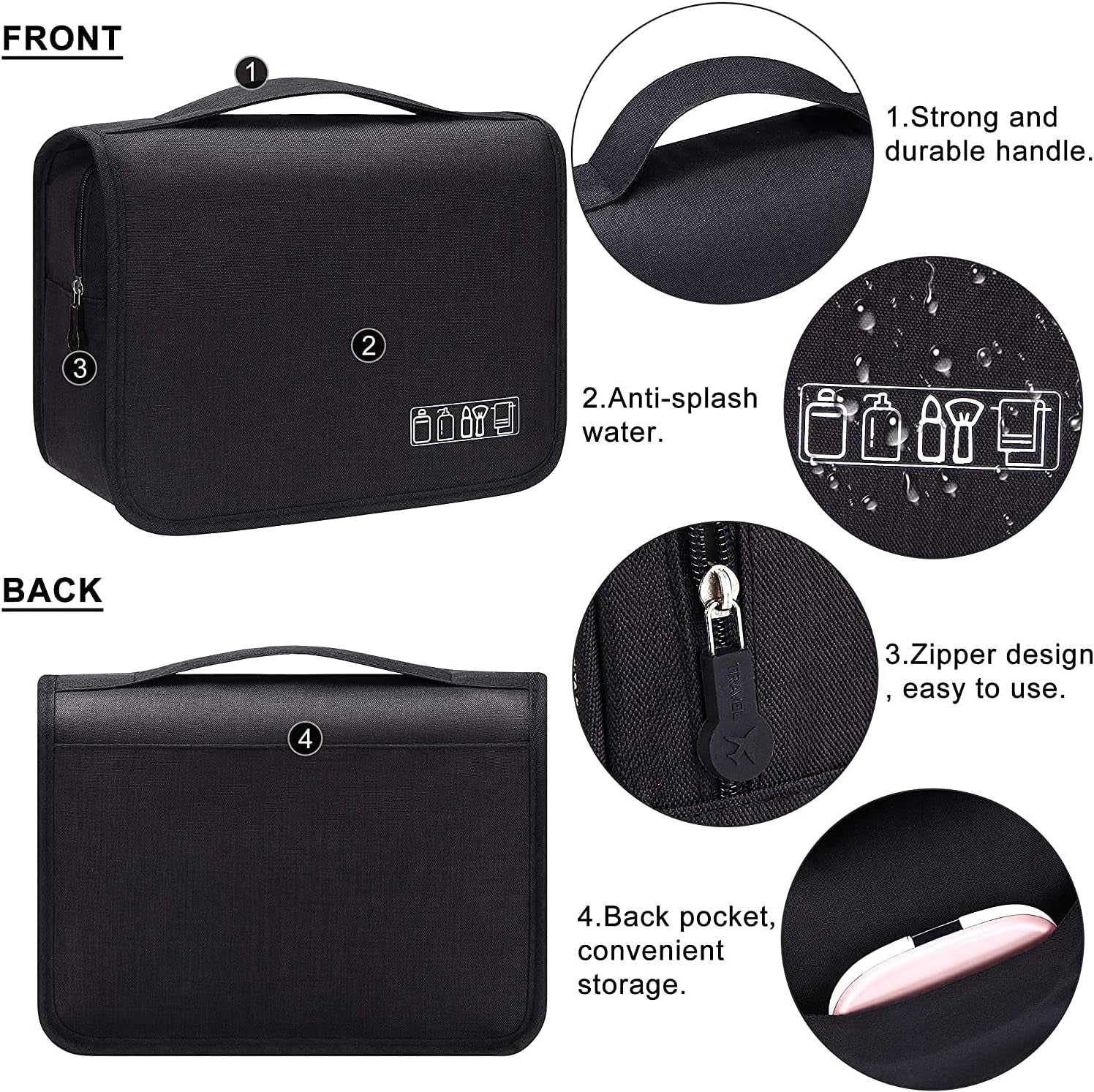 Large Capacity Travel Hanging Toiletry Bag Cosmetic Bag Makeup Organizers for Men & Women with Sturdy Hook (Black)