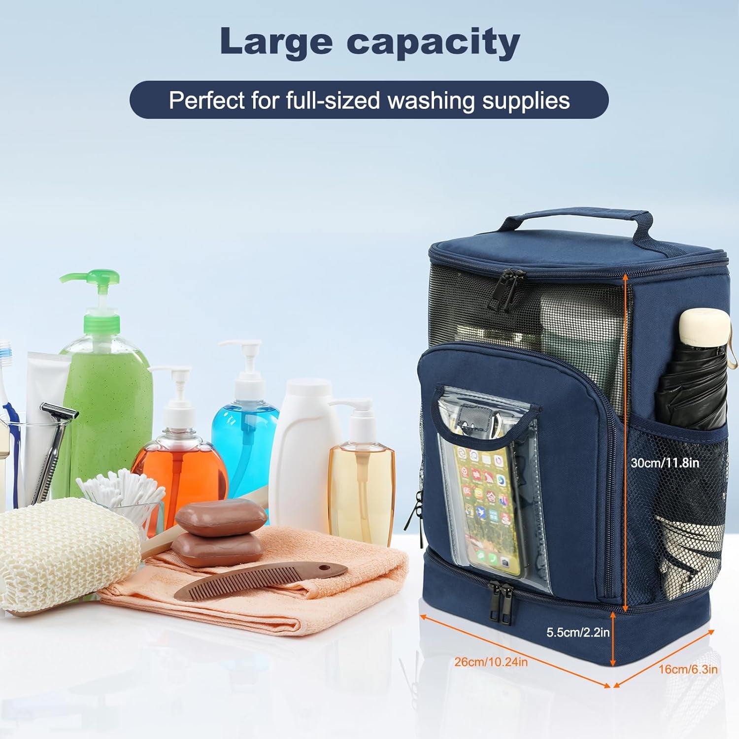 Hanging Travel Toiletry Bag for Men and Women,Toiletries Shower Organizer Kit with 7 Compartments for Large Cosmetics, Makeup, Two-Way Zipper,Thick Metal Swivel Hook,Water-Resistant,Nylon,Blue